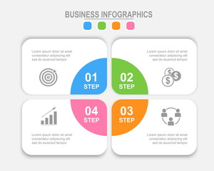 Infographic template of four steps on squares, flat design of business icon, vector