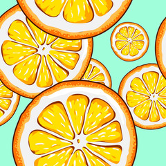 Orange vector seamless patterns of sliced fruit on blue background.
