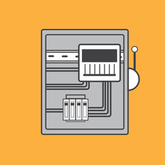 Electrical panel, switch with wires, electric meter in box on white background.