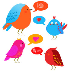 Cute kawaii birds with speech bubbles. Vector illustration, design elements, stickers