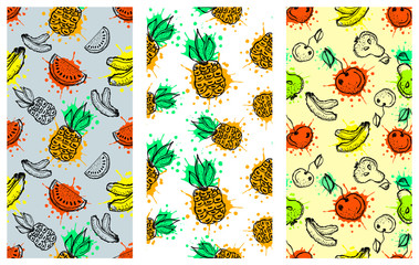 Set of seamless vector patterns. Hand drawn fruits illustration of colorful cherry, apple, pear, watermelon, pomegranate, banana, berry, strawberry with splash and drop Line drawing,