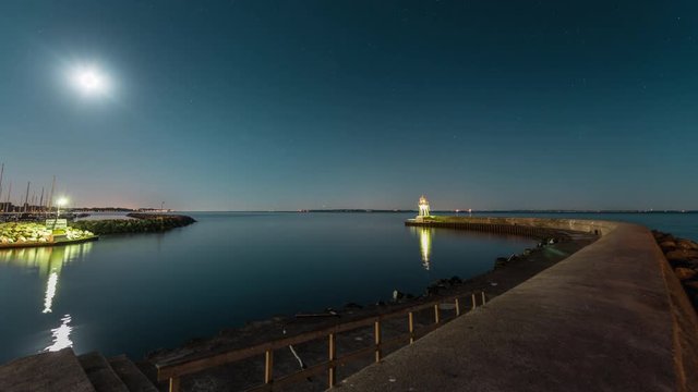 Time lapse of a small light house in a small Scandinavian harbor