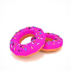 Picture of a donut with a pink glaze and a multicolored powder. Low poly art.