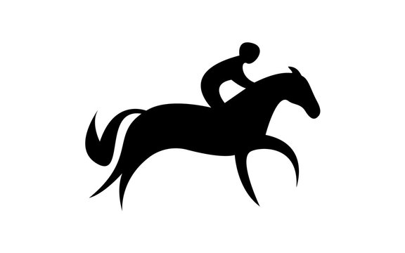 Simplified horse race.  Equestrian sport. Silhouette of racing horse with jockey. Jumping. First step.