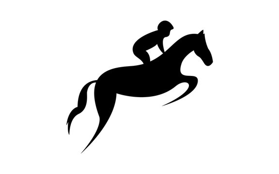 Simplified horse race.  Equestrian sport. Silhouette of racing horse with jockey. Jumping. Second step.
