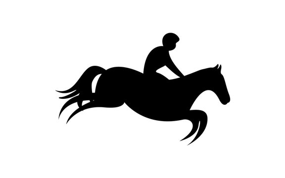 Simplified horse race.  Equestrian sport. Silhouette of racing horse with jockey. Jumping. Third step.