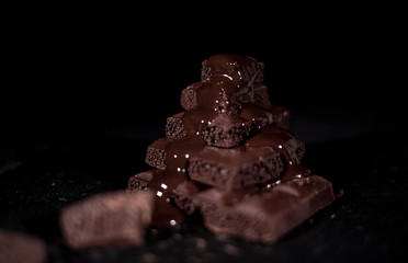 Dark chocolate on black background