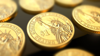 Glossy dollar coins in blurred closeup. Finance and banking as concept.