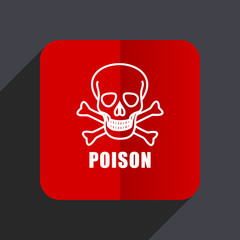 Poison skull flat design web vector icon. Red square sign on gray background in eps 10.