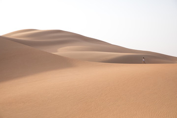 Fototapeta na wymiar Beautiful woman hiking on giant sand dunes.