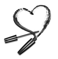 Close-up of mascara brush with black stroke in the shape of heart, on white background.