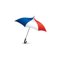 French flag colored umbrella. Travel France sign. French fashion