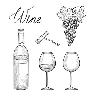 Wine drink set. Wine glass, bottle, lettering, grape. Wine card. Vineyard engrave background. 