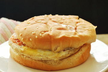 chicken hamburger on dish in black background