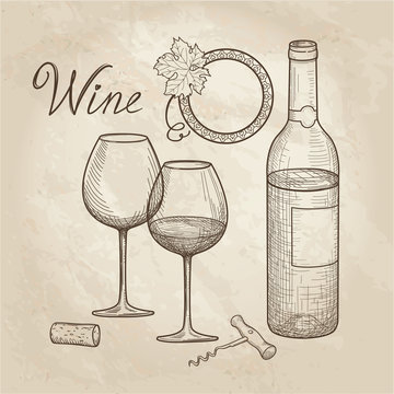 Wine drink set. Wine glass, bottle, lettering. Cafe menu. Wine card background