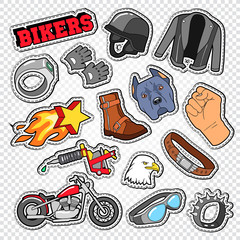 Biker Doodle with Motorcycle, Sunglasses and Helmet. Chopper Stickers, Badges and Patches. Vector illustration