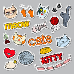 Funny Cats Doodle. Pets Stickers, Badges and Patches with Cat and Kitty. Vector illustration
