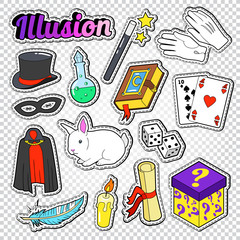 Magician Wizard Doodle with Magic Wand, Hat and Book. Mystery Stickers, Patches and Badges. Vector illustration