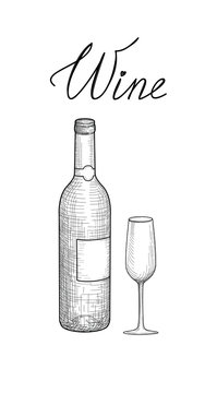 Wine drink set. Wine glass, bottle, lettering. Cafe menu. Wine card engrave