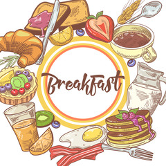Healthy Breakfast Hand Drawn Design with Pancakes, Fruits and Milk. Eco Food. Vector illustration
