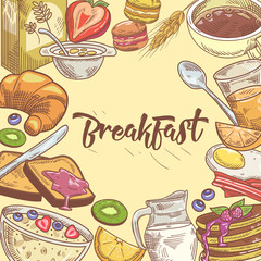 Healthy Breakfast Hand Drawn Design with Sandwich, Fruits and Bakery. Eco Food. Vector illustration