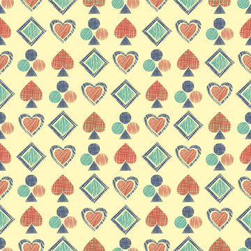 Seamless vector geometrical pattern with icons of playing cards. background with hand drawn textured geometric figures. Pastel Graphic illustration Template for wrapping, web backgrounds, wallpaper