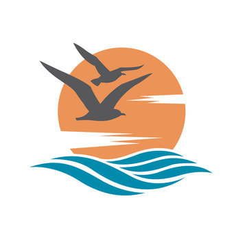 ocean logo with sun and seagulls