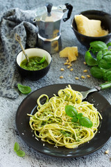 Spaghetti with homemade pesto sauce.