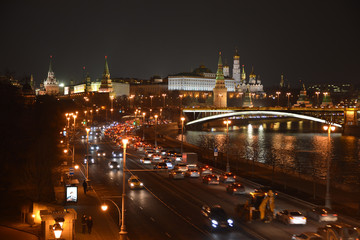 Moscow river and the Moscow Kremlin at night.