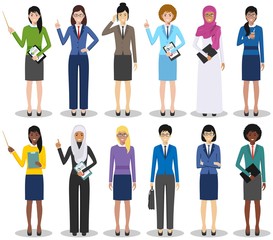 Obraz premium Business team and teamwork concept. Set of detailed illustration of businesswomen standing in different positions in flat style on white background. Diverse nationalities and dress styles. Vector