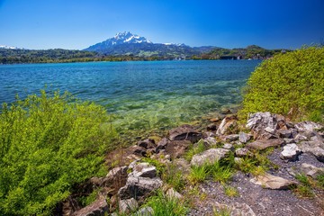 Fototapeta premium Lucerne lake, Pilatus mountain and Lucerne city, Switzerland, Europe