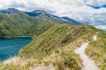 Fototapeta na wymiar Tourist trail around Laguna Cuicocha lake in Ecuador