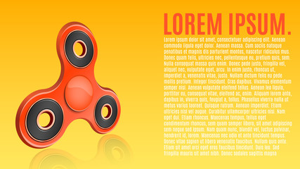 Fototapeta na wymiar Red spinner on a orange background. Modern toy antistress for fingers. 3d style. Glossy button. A place for your projects. Enter your text. Cover for advertising. Vector illustration