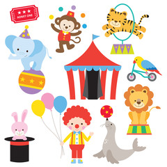 Vector illustration of cute and colorful circus animal set. - obrazy, fototapety, plakaty