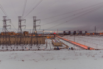 Novovoronezh nuclear power plant II, Voronezh oblast, Russia. Steel towers of the power lines,...