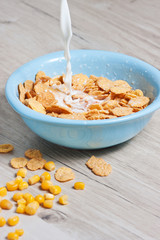 Milk, corn flakes, candied fruits. Healthy food. Breakfast champion. Restoration of forces. Growth and development
