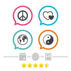 World globe icon. Ying yang sign. Hearts love.
