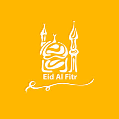 Eid Mubarak design, decorative mosque, logo, symbol, Muslim community festival. English translate Eid al-Fitr.