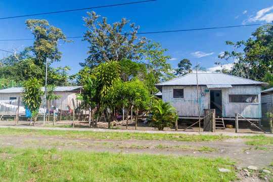 Wooden houses in Nuevo Rocafuerte village, Ecuador