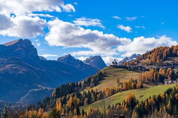 Mountainous landscape with the villages of Colle Santa Lucia and Selva di Cadore, at the Dolomites