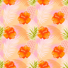 Seamless pattern with tropical fruits, flowers and palm leaves.