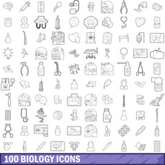 100 biology icons set, outline style