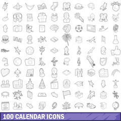 100 calendar icons set, outline style