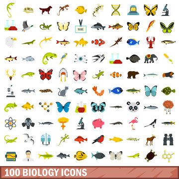 100 biology icons set, flat style