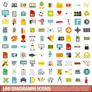 100 diagramm icons set, flat style