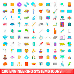 100 engineering systems icons set, cartoon style