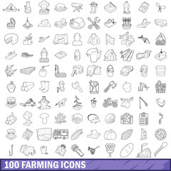 100 farming icons set, outline style