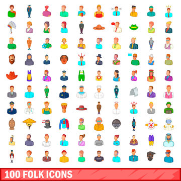100 folk icons set, cartoon style