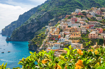 View of the town of Positano with flowers, Amalfi Coast, Italy