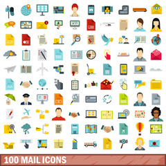 100 mail icons set, flat style